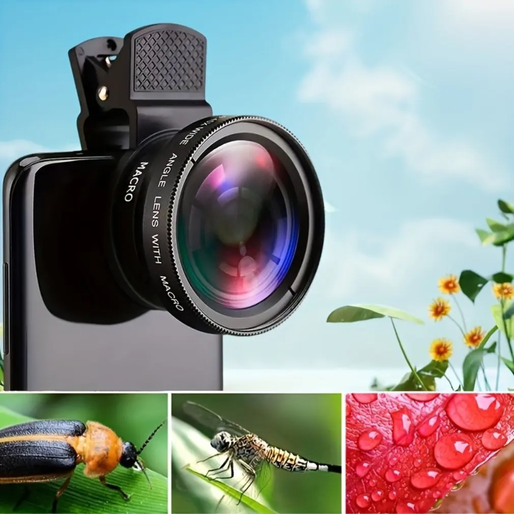 Cell Phone Camera Lens 2 in 1 Clip On 37mm 0.45x49UV Super Wide Angle Macro Lens for iPhone and Android Smartphones Cell Phones