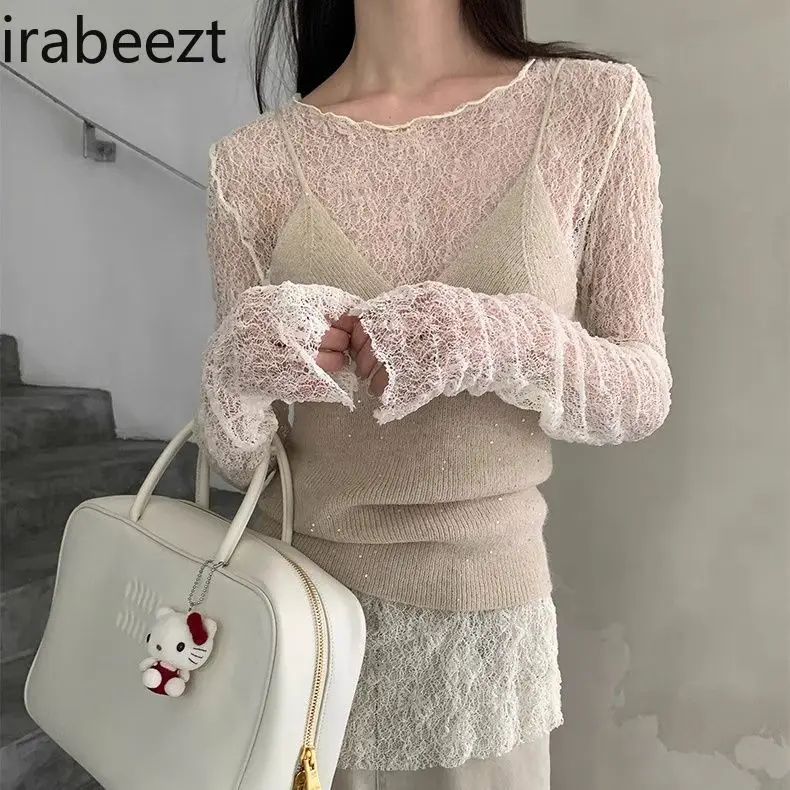 Perspective Sense Slim Lace Inner Top 2024 Spring All-in-one Hollow-out Long Sleeve Sunscreen Sweater Spring Sueter Mujer