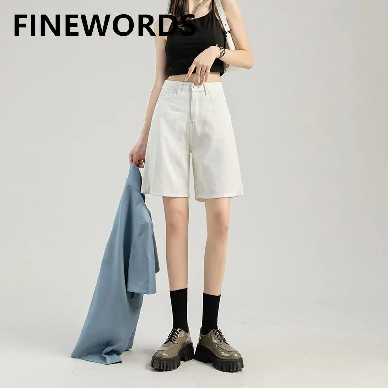 

FINEWORDS Summer Knee Length Beige Wide Leg Women Denim Shorts Korean Casual Jeans Shorts Streetwear High Waist Middle Shorts