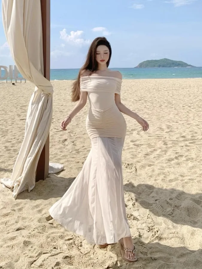 

Sexy Pure Desire oulder Bared One oulder Dr Beach Butt Covering Fi Tail Long Skirt Two Piece Set High Waist One Piec...