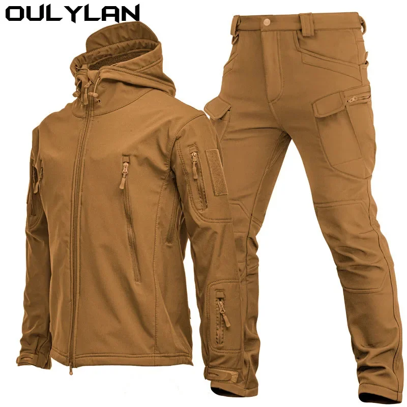 Oulylan Camping Tactical Fleece Jacket Set Men Outdoor Climbing Hiking Waterproof Tracksuits Thermal Coat Clothing Suit