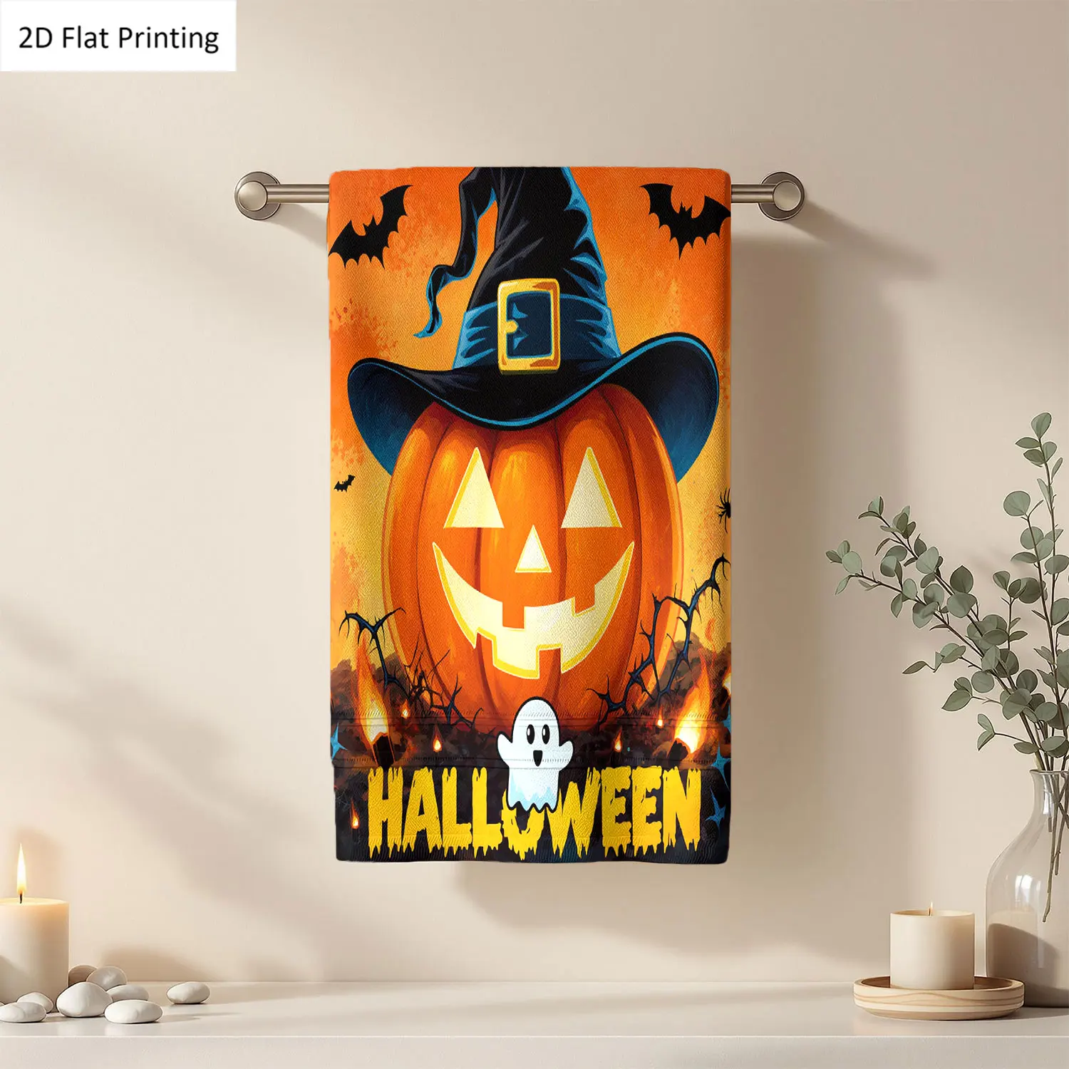 1 toalla de mano para baño con diseño de calabaza de Halloween, sombrero de bruja, murciélagos y fantasma, color naranja, toalla de microfibra de poliéster de varios tamaños, toallas decorativas únicas para el hogar y la cocina, accesorios decorativos para el baño, de secado rápido y absorbentes.