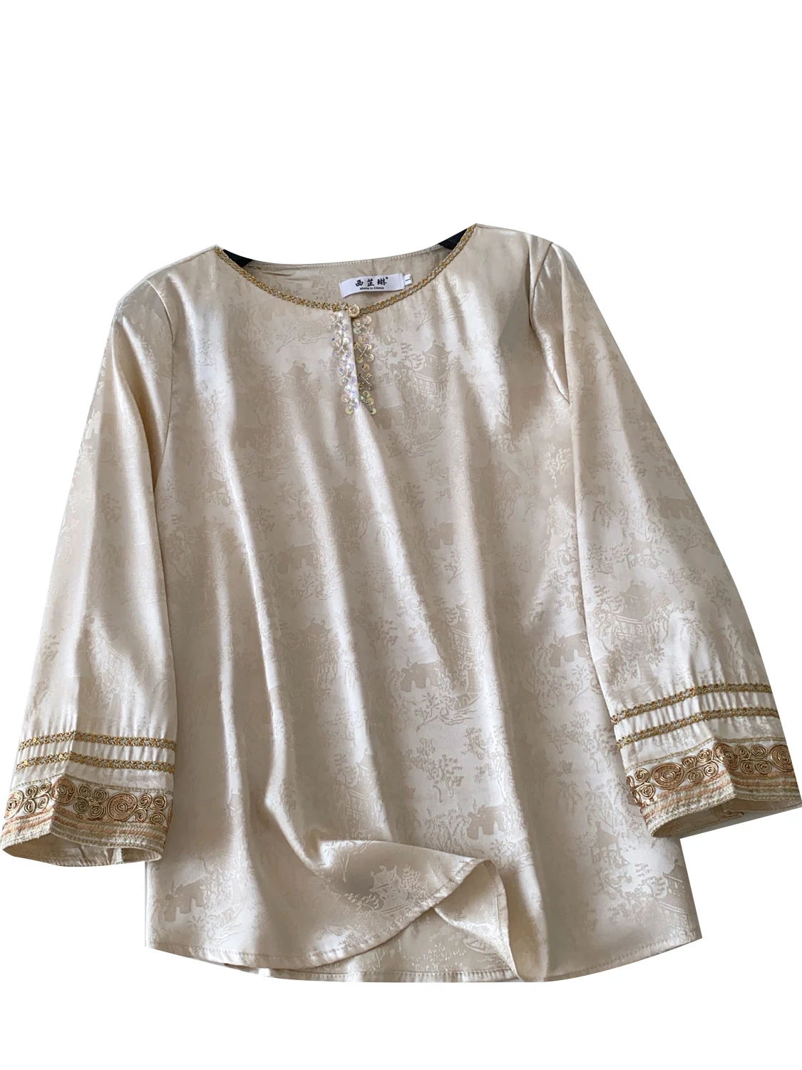 

Ele Retro Embroidered Heavy Work Silk irt New Chinese Sle Women's Long Sve Patchwork Polyester Fiber Breathable Sk...