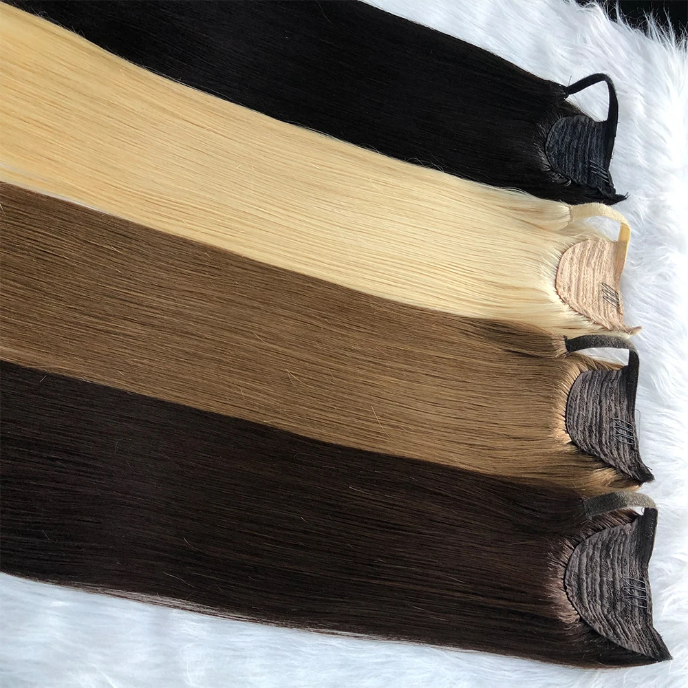 Wholesale Virgin Remy Human Hair Double Drawn 48 Color Seamless European Wrap Hair Extension for Best Quality Ponytail Hair 100g