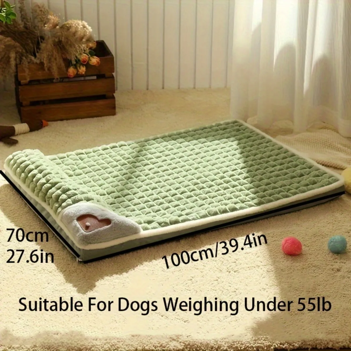 Dog Bed with Neck Pillow & Non-Slip Bottom - Comfortable Plush Pet Mat , Non-Skid, Detachable, Washable Polyester Kennel Pad