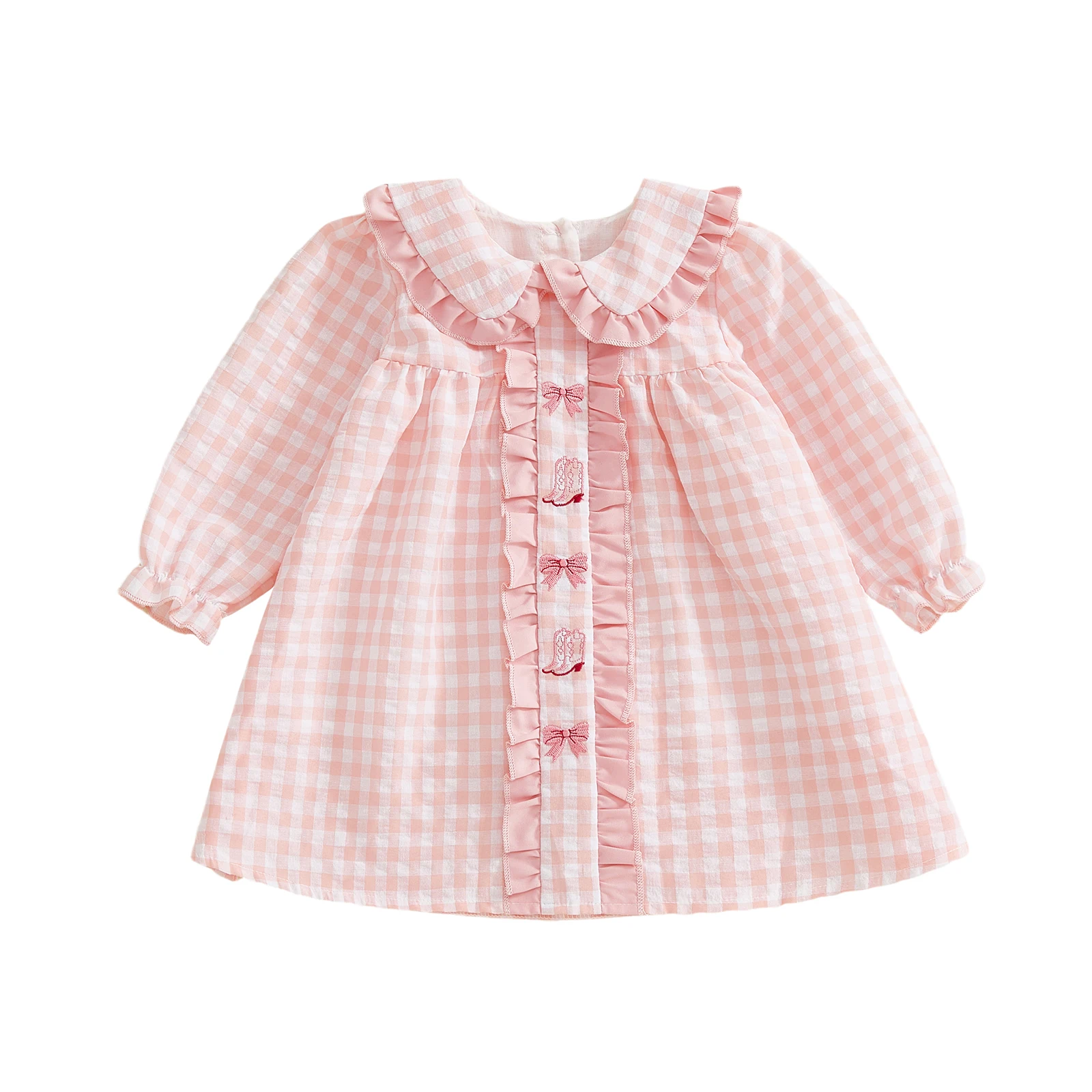 

Toddler Girls Dress Puff Long Sleeve Doll Collar Plaid Print Bow Boots Embroidery Dress