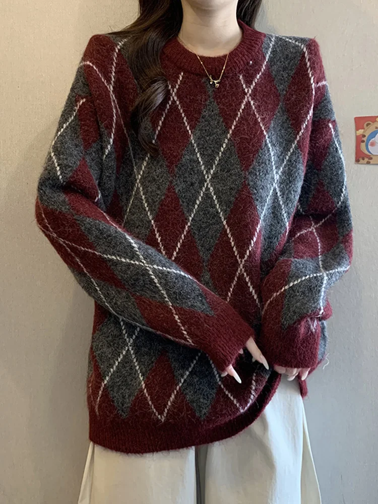 

Красный клетчатый вязаный свитер с длинными рукавами, женский осенне-зимний модный облегающий базовый топ в корейском стиле, трикотажная одежда стандартного кроя
