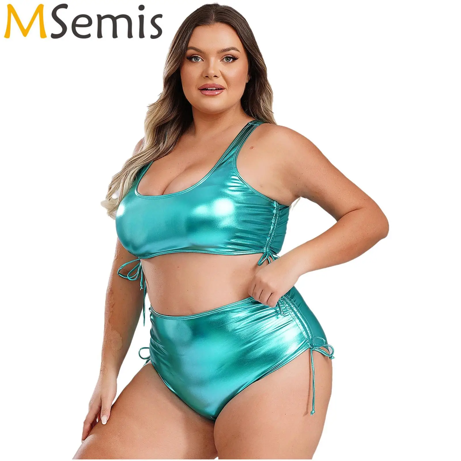 

Womens Plus Size Tankini Swimsuit Two Pieces Bikini Swimwear Padded Wireless Bra Tops with Bottom Set Glittering Bathing Suit