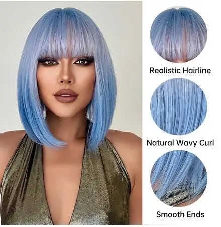 Blue Synthetic Natural Wigs Short Cosplay Wig With Pony Blue Straight Wig Daily Party Wigs Heat Resistant For Women