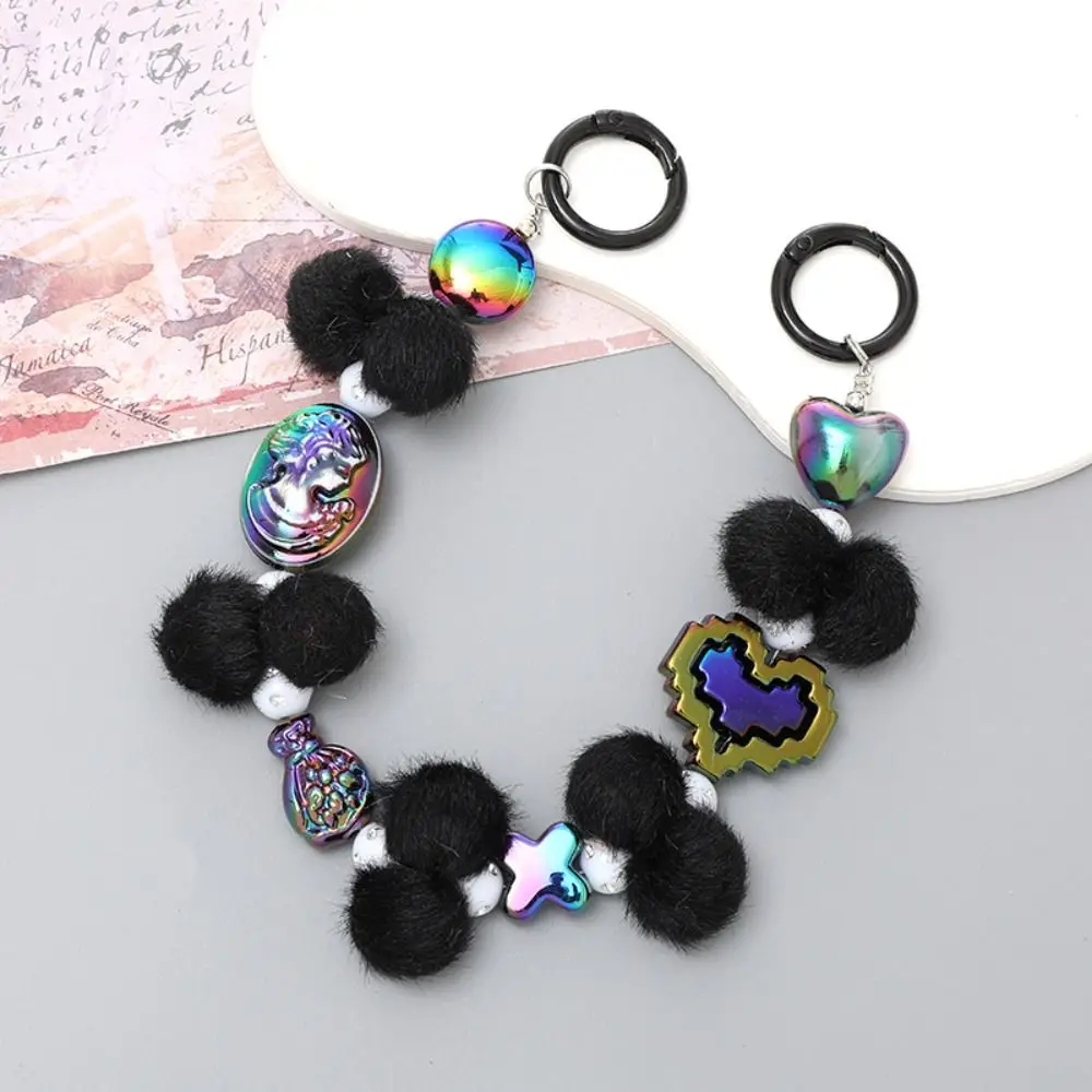 Phone Holder Plush Phone Chain Keychain Acrylic Colorful Beaded Lanyard Wrist Strap Anti-Lost Heart Case Chain Bag Accessories