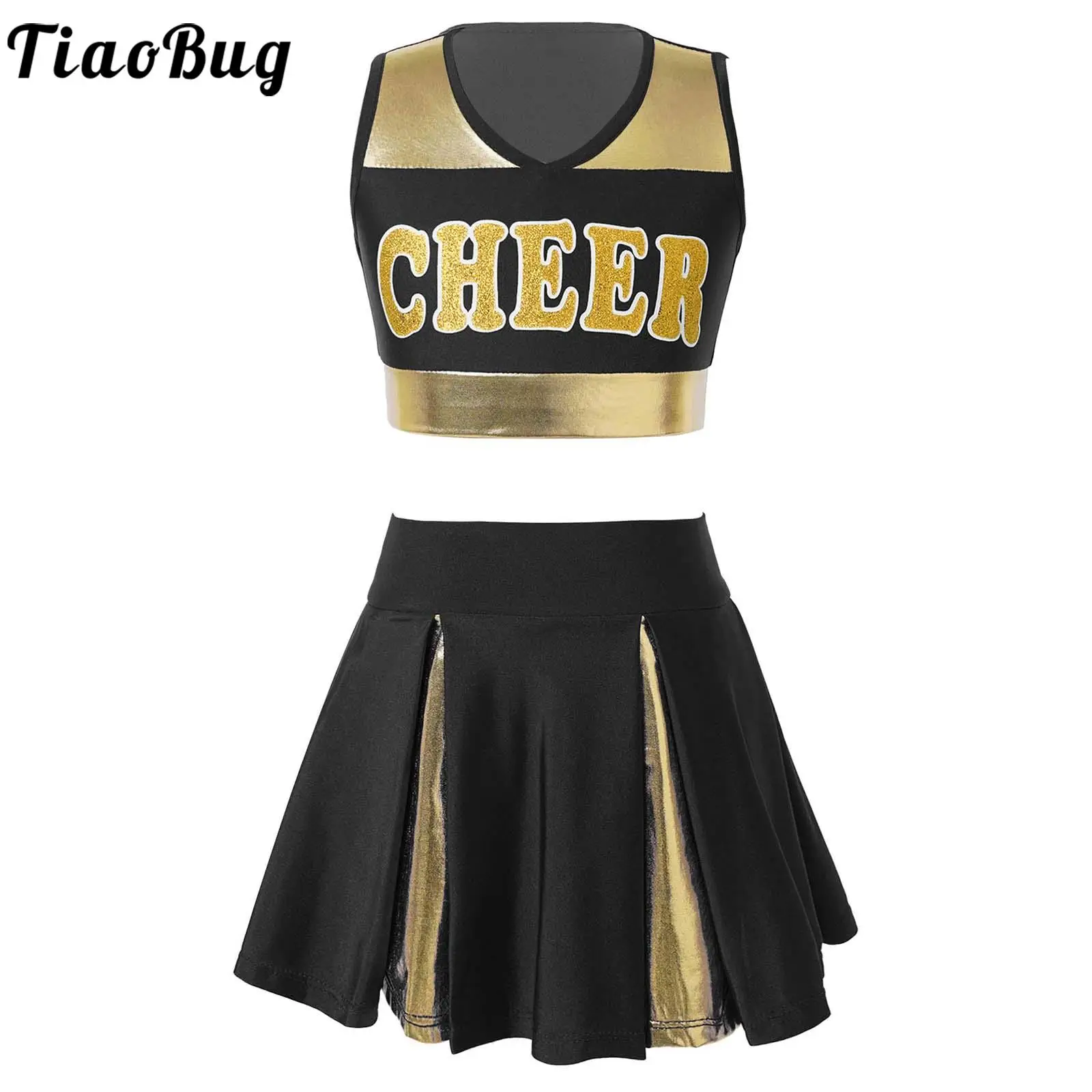 Kinderen Meisjes Patchwork Stijl Cheerleading Dans Kleding Mouwloze V Hals Brief Print Crop Top Elastische Tailleband Rok Set