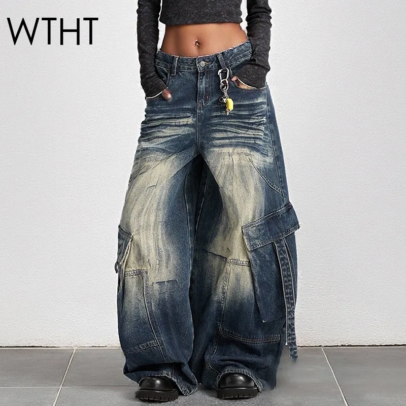 WTHT جديد عصري المرأة تفعل القديمة غسل جيوب كبيرة البضائع الجينز 2025 الشتاء موضة عالية الخصر واسعة الساق الدنيم السراويل الإناث 1LS2679