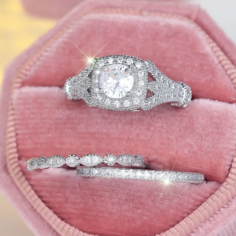 2026 New European and American New Three Piece Set Full of Zircon Rings, Light Luxury and Elegant, Round Group Inlaid Jewelry