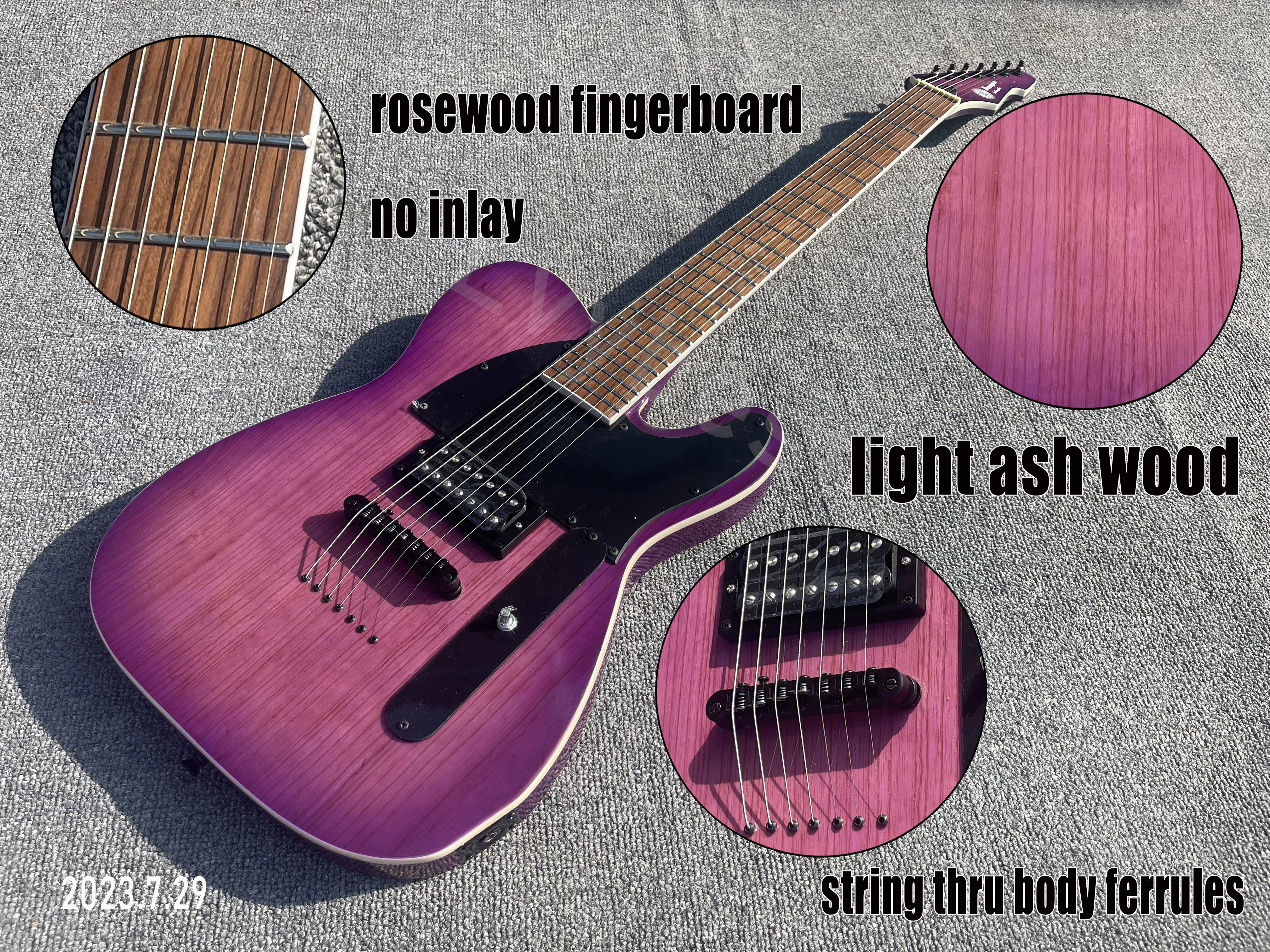 7 Strings Electric Guitar Solid Ash Body Maple Neck Set In Joined Head Top Same As Body Color Light Purple Burst String Thru Bod