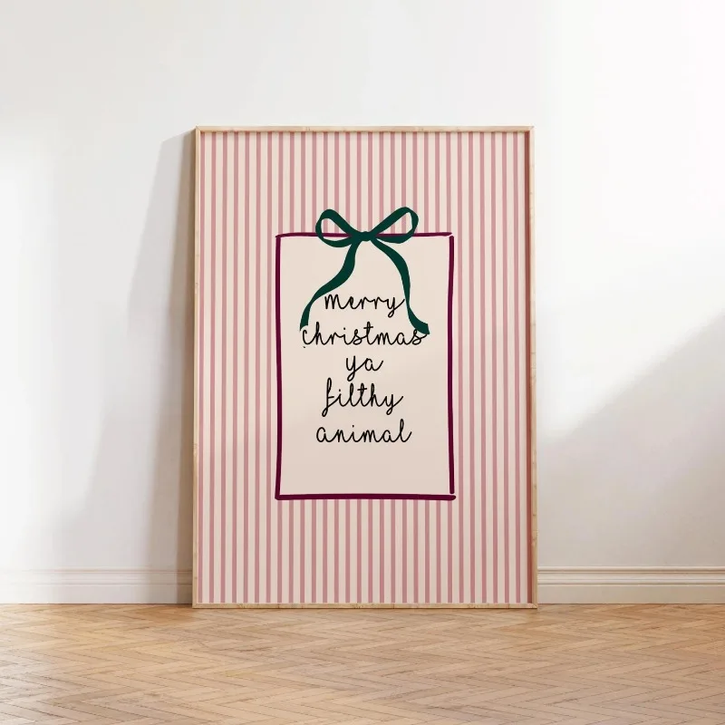 Striped Bow Christmas Quote Canvas Wall Art Merry Christmas Ya Filthy Animal Unframed Canvas Print Fun Living Room Wall Decor