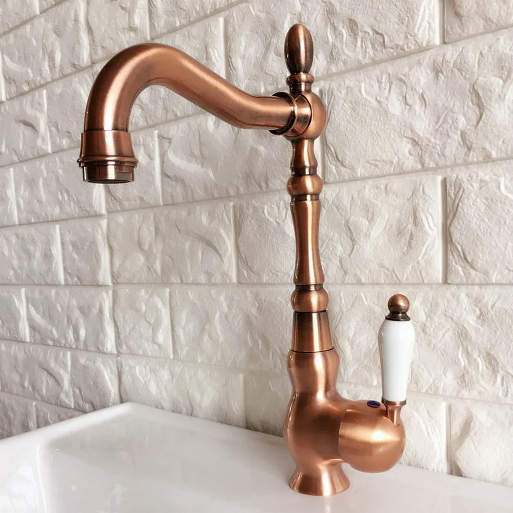 Modern Antique Red Copper Cold and Hot Water Washbasin Faucet Mixer Kitchen Sink Tap Swivel Spout Faucets Deck Mounted tnf422