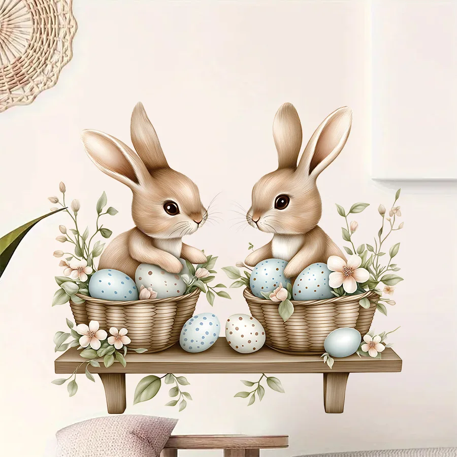 Whimsical Spring Bunny Wall Decals, Two Bunnies on Shelf with Easter Eggs Peel and Stick Sticker Dreamy Nursery Wall Art, Neutra