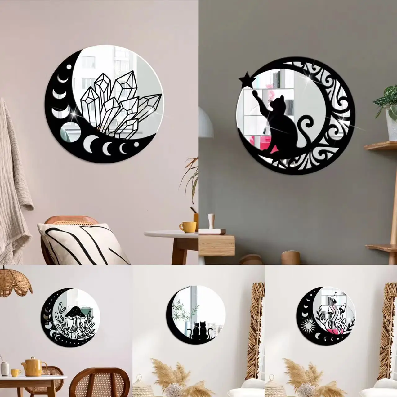 Wall Hanging Three-dimensional Double Layer Moon Phase Moon Cat Mushroom Acrylic Mirror Stickers Home Decoration Wall Stickers