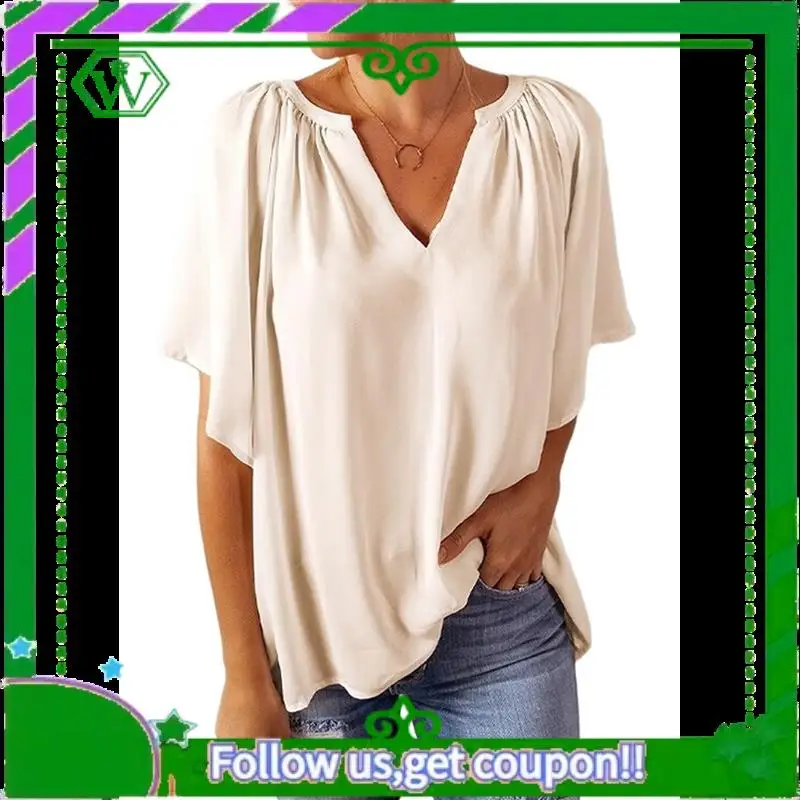 A18P-Womens Tops Dressy Casual 2025 Spring Summer V Neck Short Sleeve Shirts Business Casual Chiffon Blouses