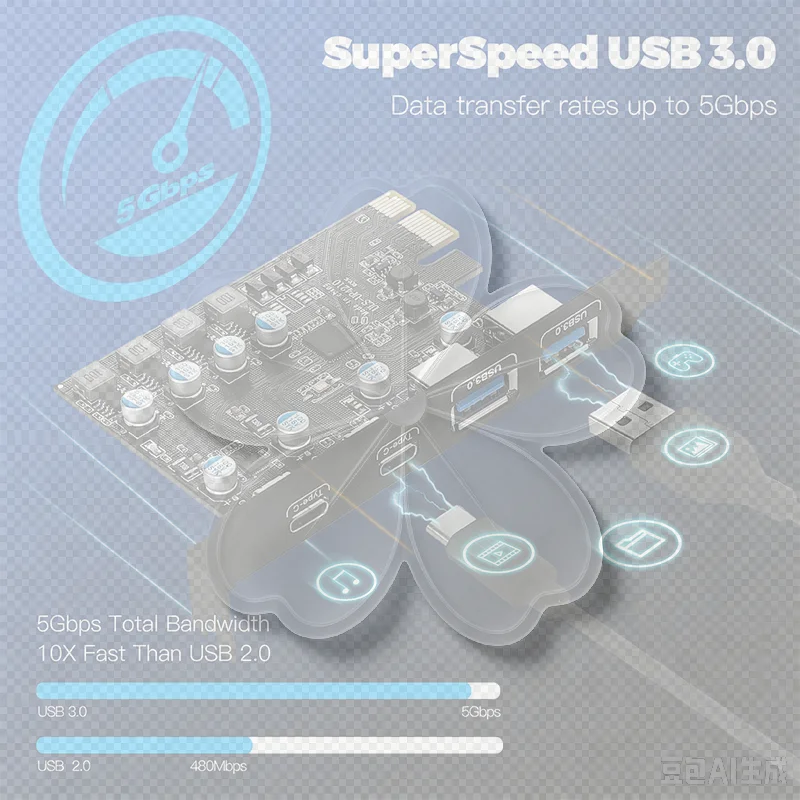 PCI Express Card 2Port USBA/ USBC 5Gbps USB3.2 Gen1 USB3.0 PCIE Card Expansion Add On Card Adapter For Windows/MacOS/Linux