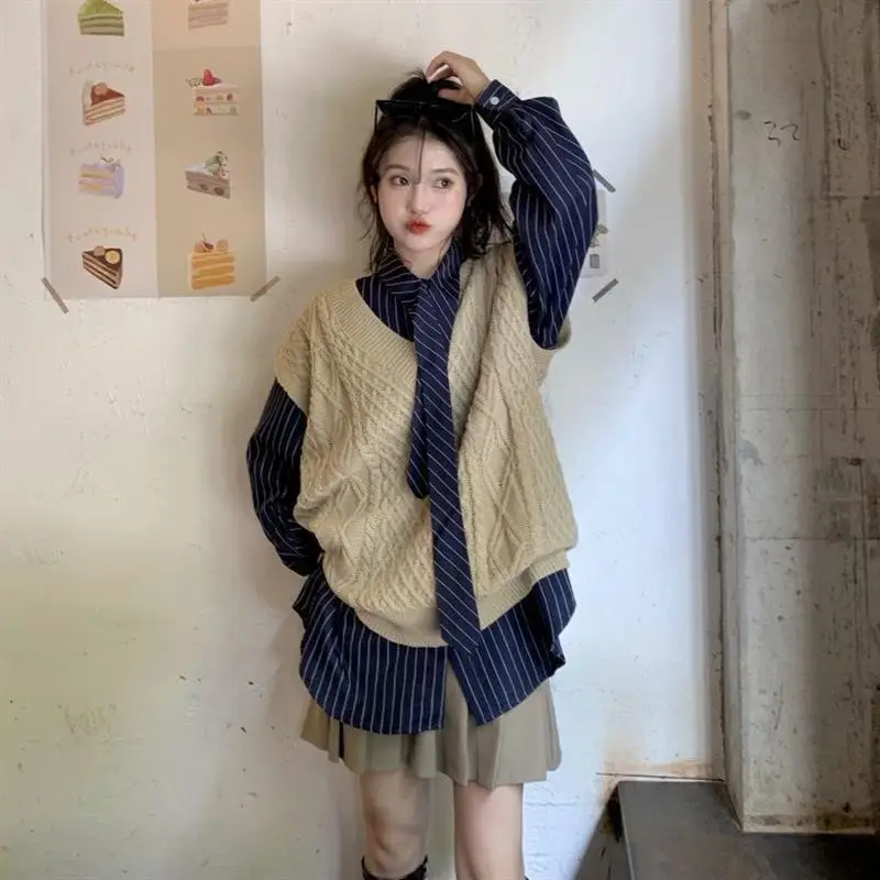 

College Style Korean Two-Piece Set Spring Autumn New Knitted Vest Layered Sweater Striped Long-Sleeved Shirt Suit