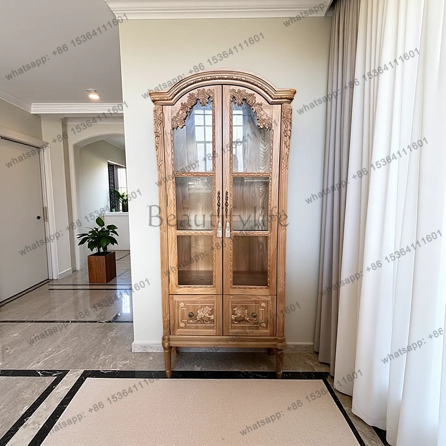 American solid wood carving glass wine cabinet French retro dining side display cabinet