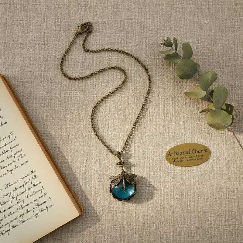 Elegant Blue Stone Women Necklace with Bronze Dragonfly Pendant Artistic Unique Design