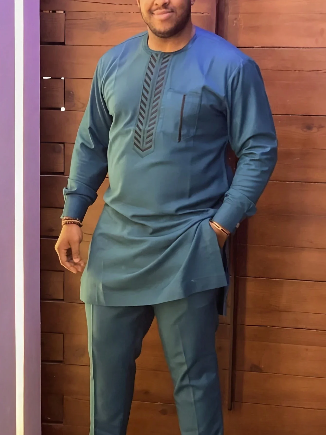 2pcs Set Plus Size Blue Dashiki Men's Outfit Embroidered Long Sleeve Elastic Waist African Casual Shirt Trousers