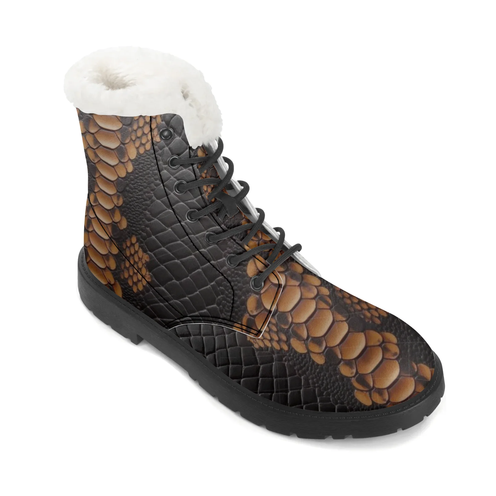 Botas de felpa con patrón de piel de serpiente personalizadas, botas informales, superventas, botas de invierno a media pantorrilla para hombres y mujeres