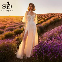 SoDigne-vestido de novia bohemio de color marfil, vestido de novia de playa con abertura lateral, cuello alto, mangas largas, encaje de tul, vestidos de boda personalizados para mujer