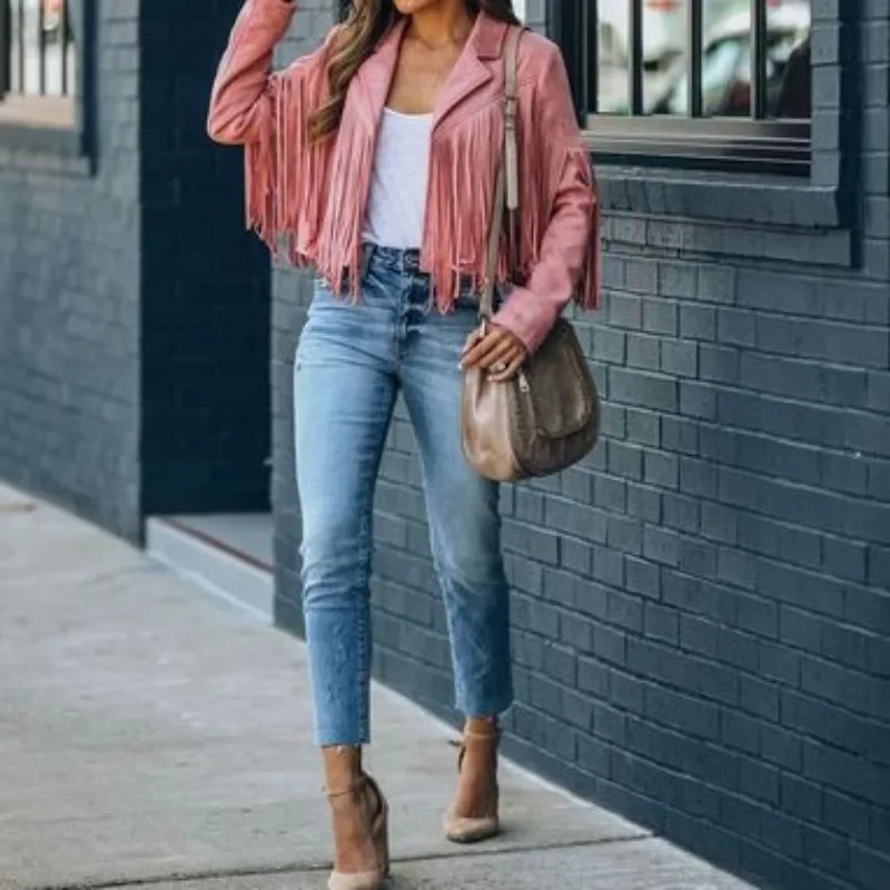 Women Fringed Hem Tassel Cardigan Crop Tops E-girl Motor Biker Jacket Suede Leather Jacket 90s Vintage Streetwear Coat Cool