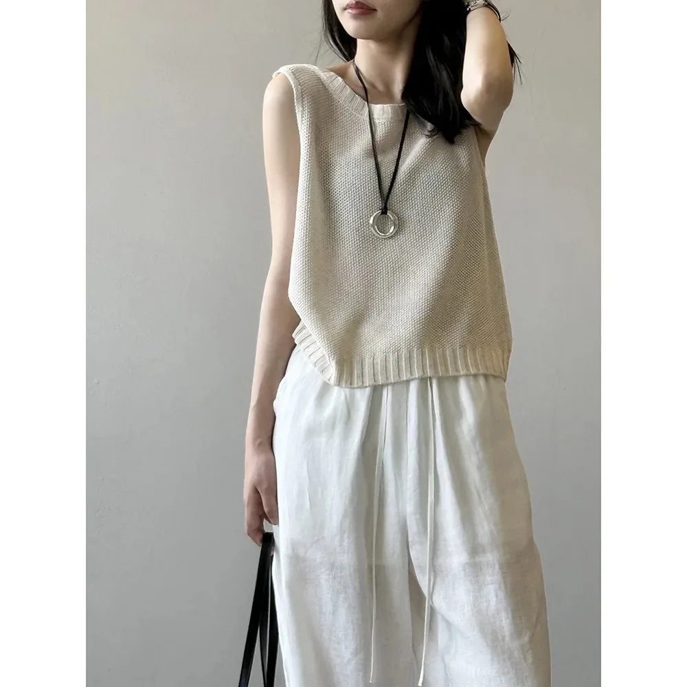 Colete de malha de linho simples usa colete sem mangas com botão no verão