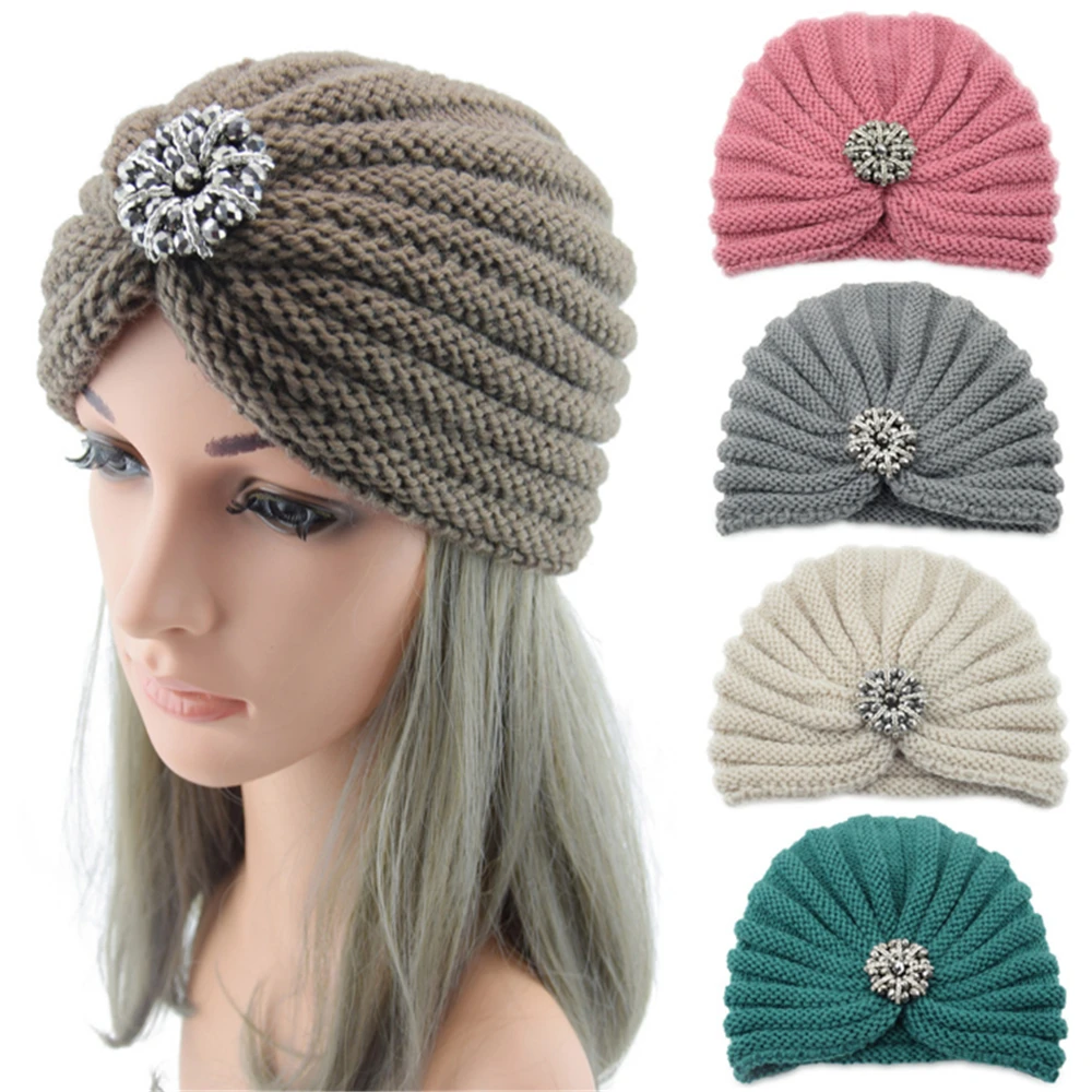 Women Bohemian Style Warm Winter Autumn Knitted Cap Fashion Boho Soft Hair Accessories Turban Solid Color Female Muslim Hat