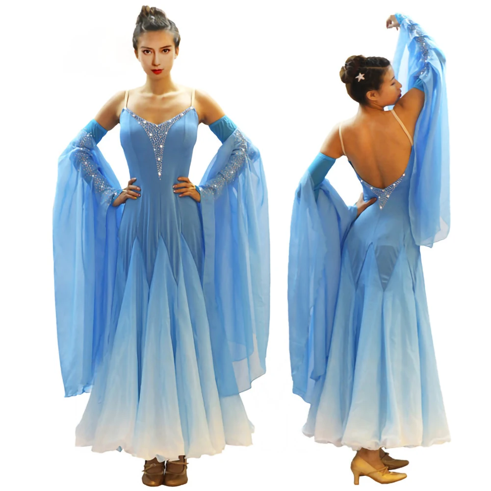 Ballroom Dance Practice Wear Tops Lake Blue Women's Dance Suit Top Big Pendulum Ballroom Dancing Dresses Gradient Costumes Waltz