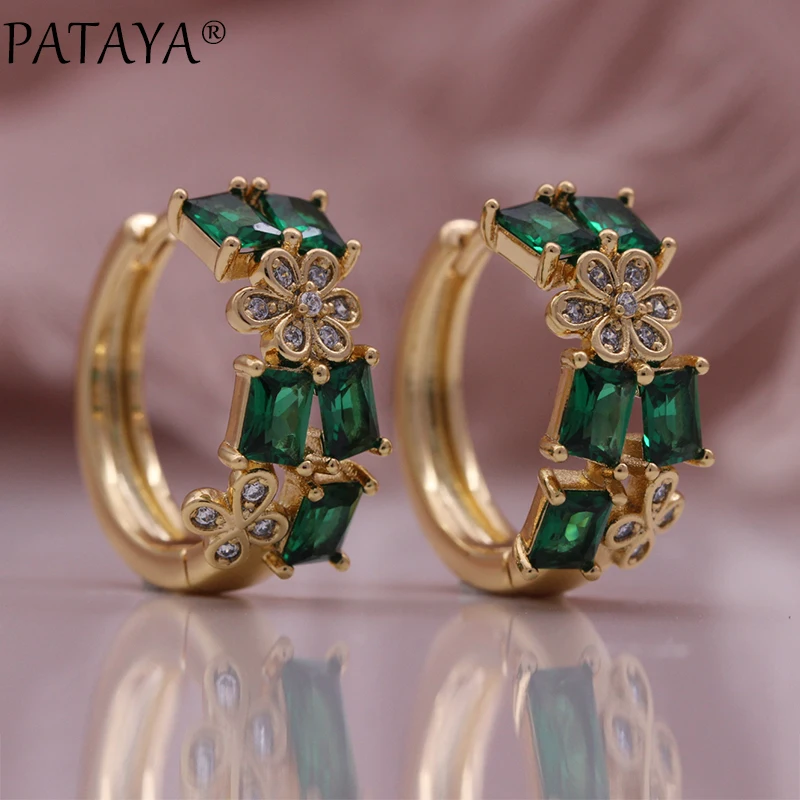 PATAYA Hot Green Natural Zircon Earring For Women Champagne Gold Color Vintage Wedding Jewelry Earrings