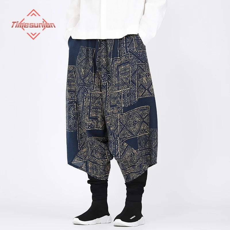 

Autumn Winter Men Harem Pants Men Ethnic Style Retro Printed Double-layer Thermal Loose Calf-Lenght Pants Men Harajuku Trousers