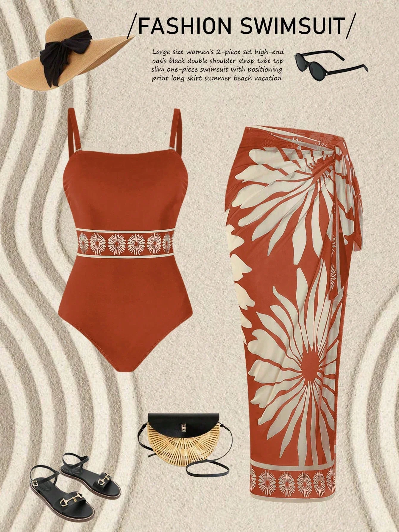 

Plus Size Women 2 Piece High-End Oasis Orange One Piece Swimsuit With Printed Long Skirt Beach Vacation