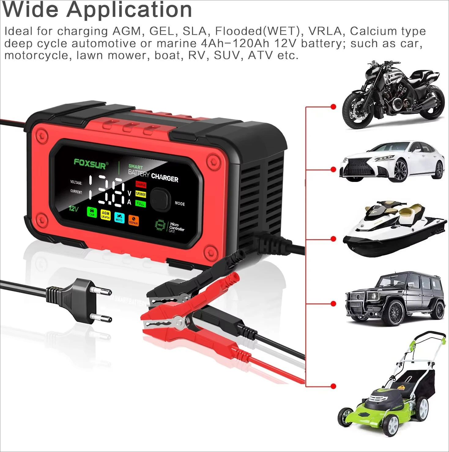 

FOXSUR FBC1207E 12В 7А Умное зарядное устройство для автомобильных аккумуляторов, тестер-реставратор батарей