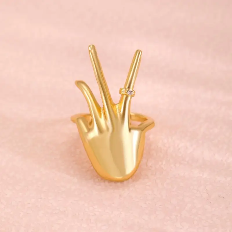 Non-Fading Gold Palm Open Ring Shiny Rhinestone Inlaid Elegant Women's Jewelry for Prom Cocktail Party Decoration