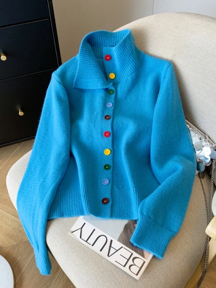 Sweet Sle Thiened Knitted High Collar Open Cardigan Sweater Women's Loose Fit Autumn Winter Warm Top Button Design