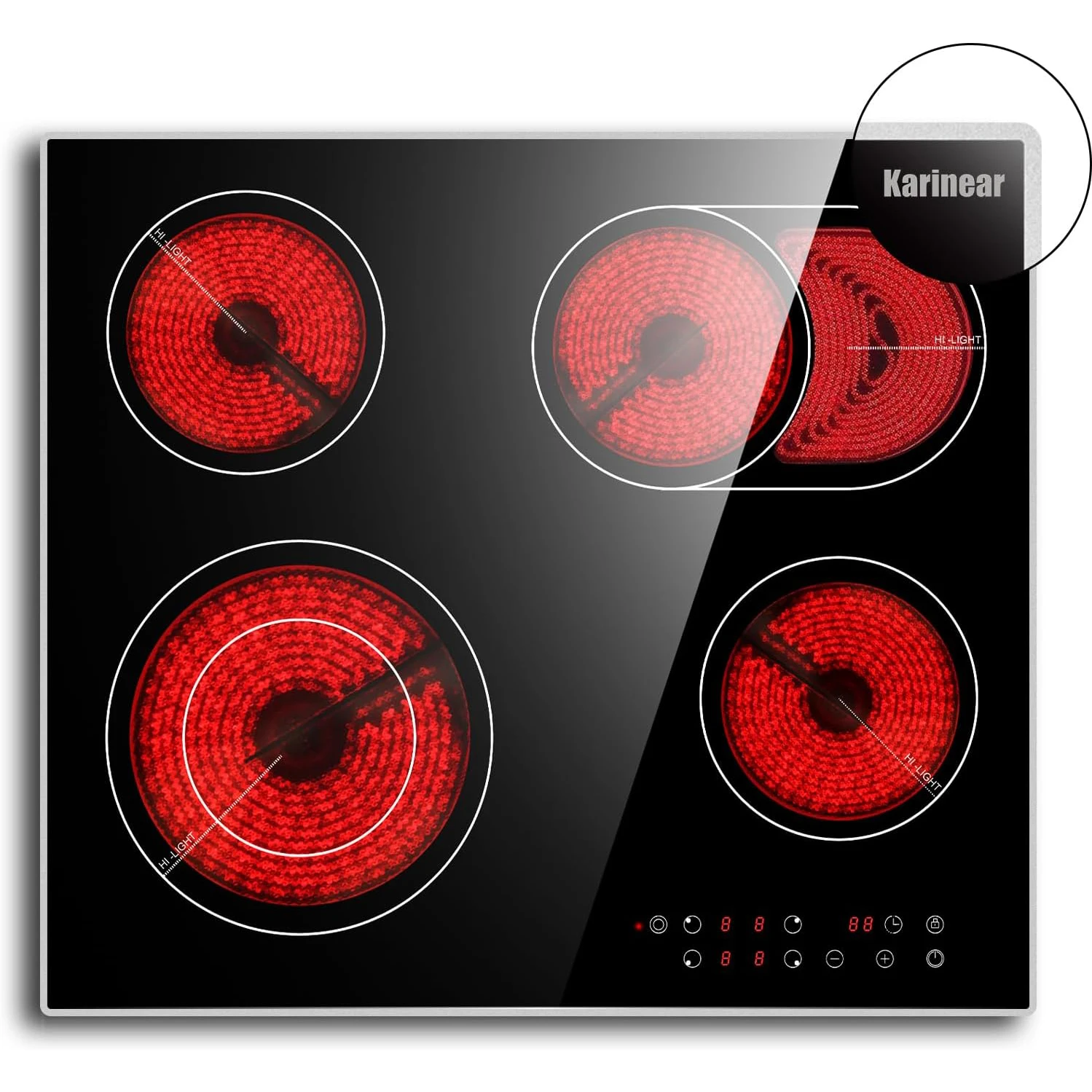 Karinear Ceramic Hob, 60cm Built-in 4 Zones Electric Cooktop with Dual Oval Zone 6600W, Hard Wired, No Plug Included