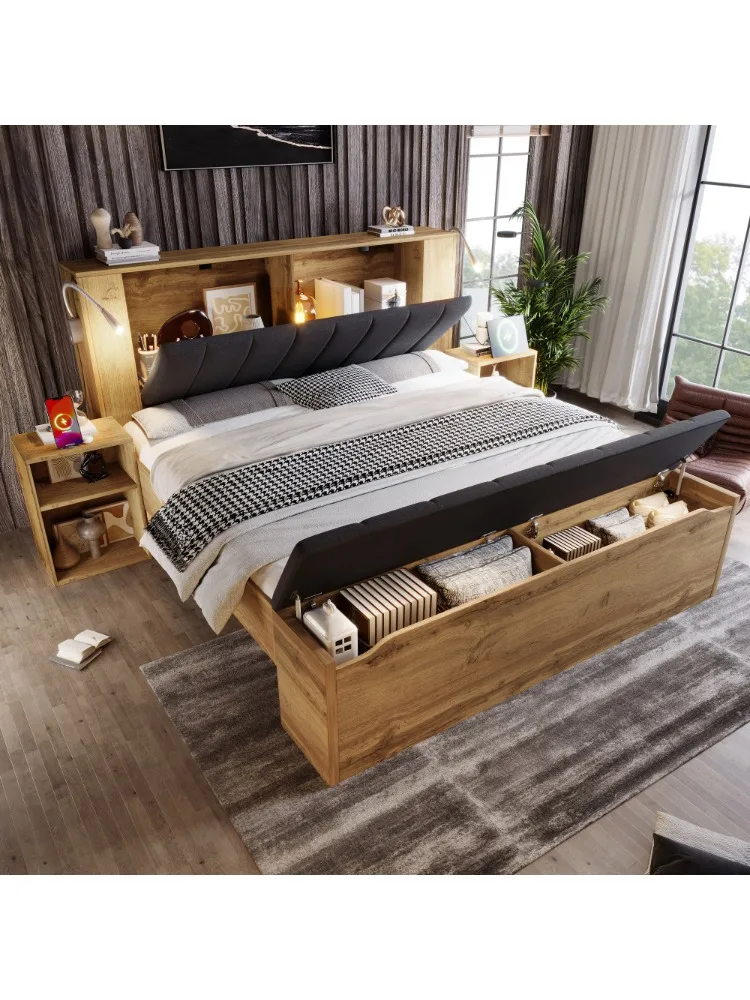 Doppelbett aus Holz mit klappbarem Kopfteil, Leinen, Bett mit Stauraum und zwei Nachttischen, Leselampen mit USB, Schiefergrau
