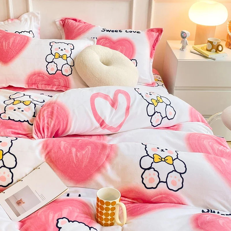 White Bear Duvet Cover Set Fluffy Velvet Comforter Cover Bed Sheets Pillow Case Thick Warm Bedding Set for Boy Girl Bed Linens