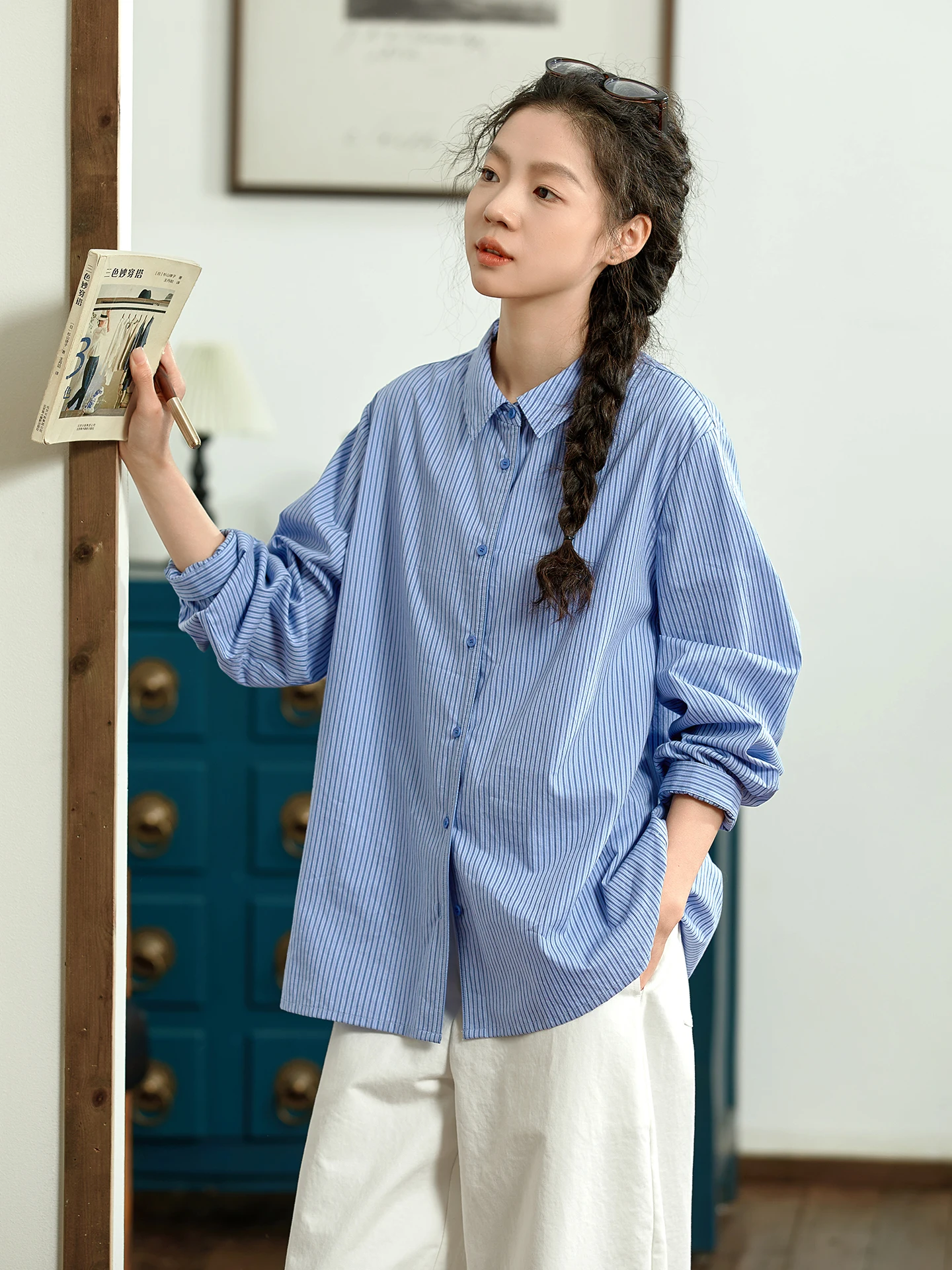

Original Japanese Style Pure Cotton Blue Striped Casual Shirt Women's Long Sleeve Turn-down Collar Spring Top Breathable Comf...