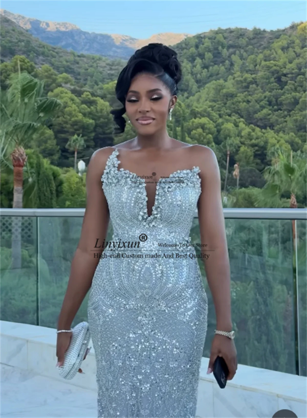 

Aso Ebi Rhinestones Crystals Mermaid Prom Dresses Customized Sexy Slit Evening Gala Gowns Shinny Sequins Wedding Party Dress