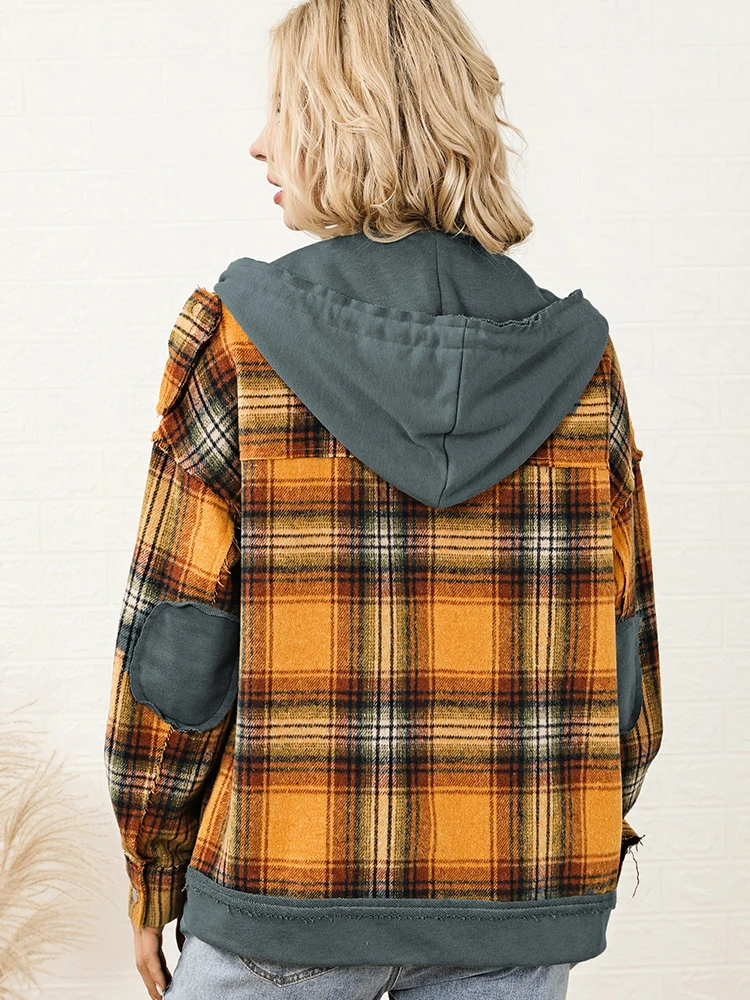 GypsyLady Orange Plaid Hooded Jacket Autumn Winter Long Sleeve Frayed Snap Button Vintage Casual Chic Jacket Coat Outerwear New