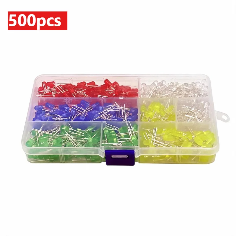 F5 5mm LED Diode Kit 500Pcs 5 Colors x 100Pcs Red Yellow Green Blue White Box Set for Arduino DIY