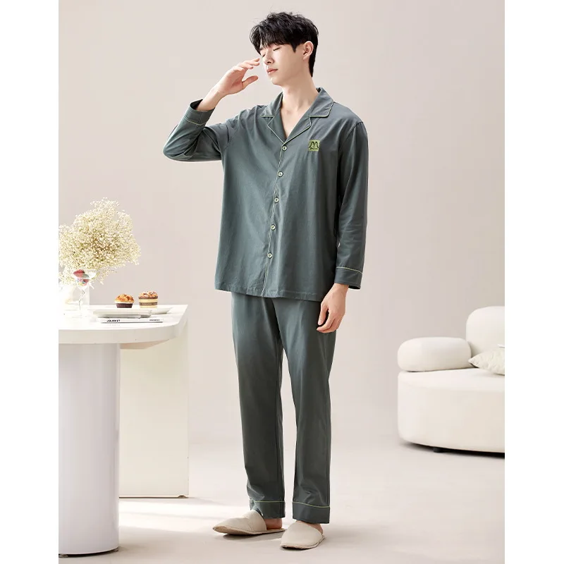 Baju tidur katun Korea 2 potong, Set atasan tidur lengan panjang & celana panjang, pakaian tidur rumah pria, piyama Dropship