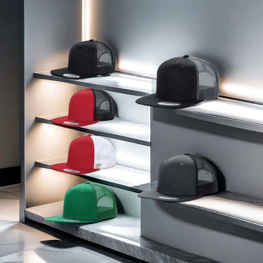 Six sporty hip hop flat brim hats in a stylish color scheme