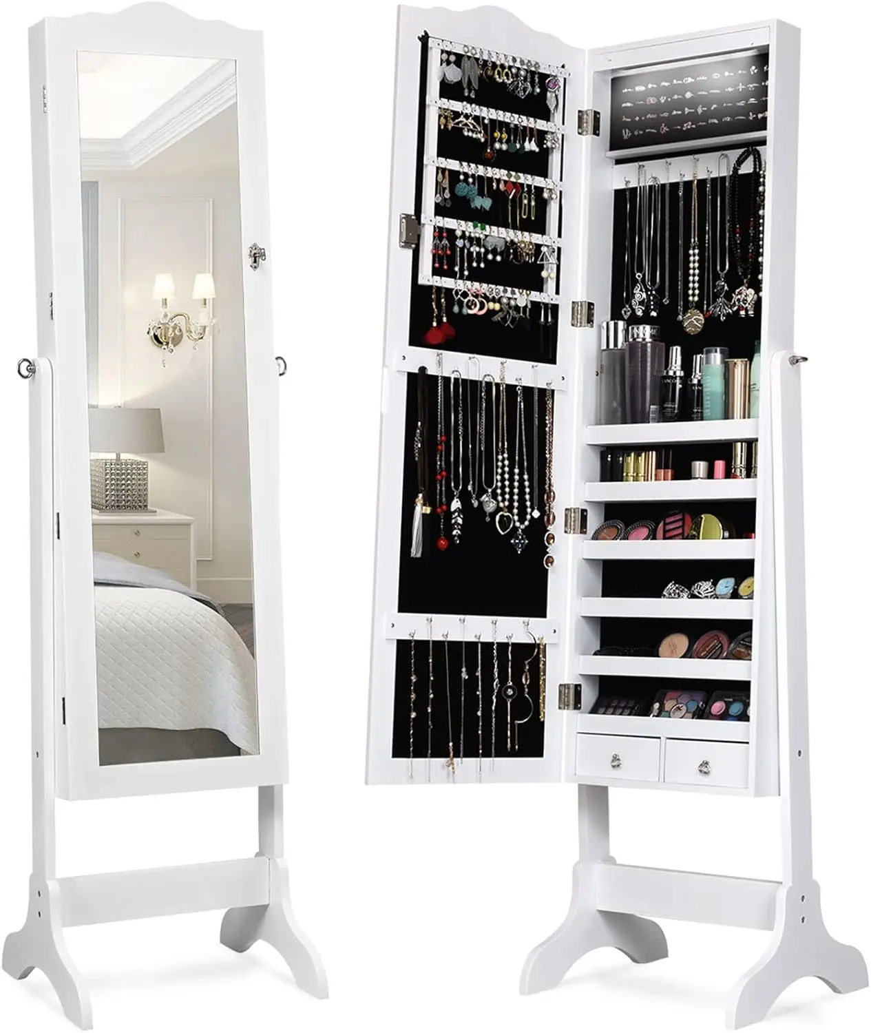 Jewelry Armoire Organizer with Full Length Mirror, 14 LEDs Floor Standing Jewelry Cabinet with 2 Drawers, 4 Adjustable Angles